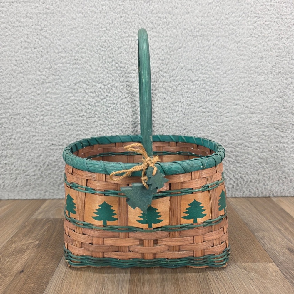 Rustic Woven Splint Christmas Basket Green Pine Tree Stencil Fixed Handle 13in